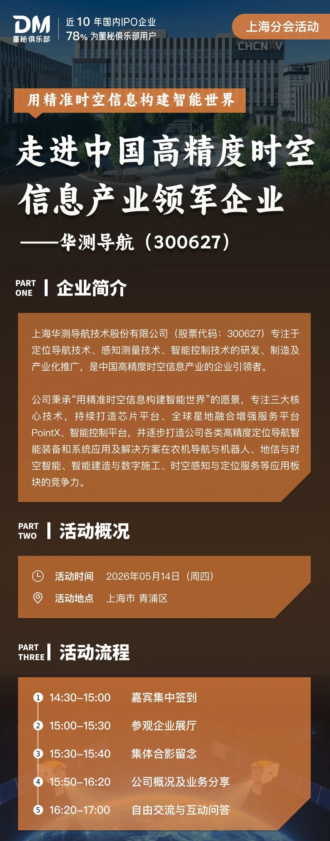 董秘俱乐部上市公司访学活动：5月14日走进华测导航（300627）上海青浦区参访安排