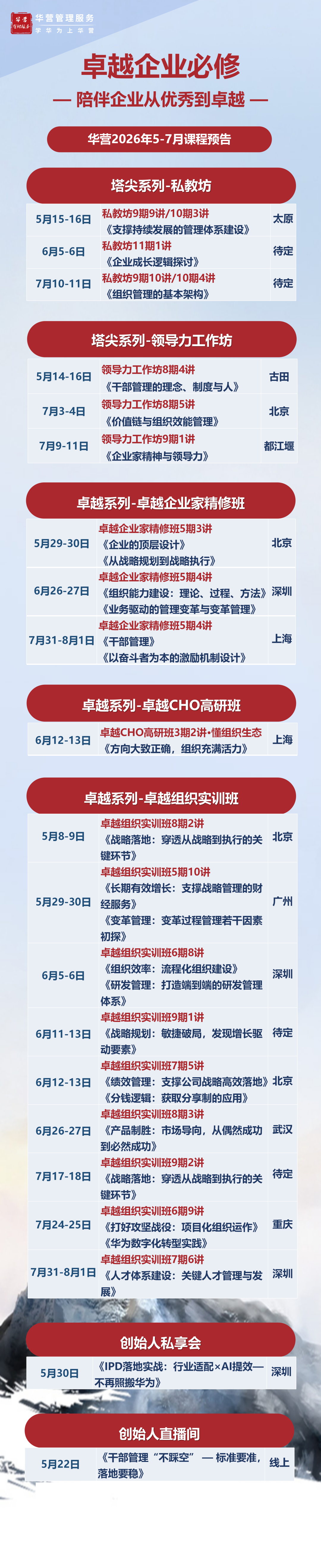 华营管理服务2026年5-7月课程预告：私教坊、领导力工作坊与卓越系列课程安排