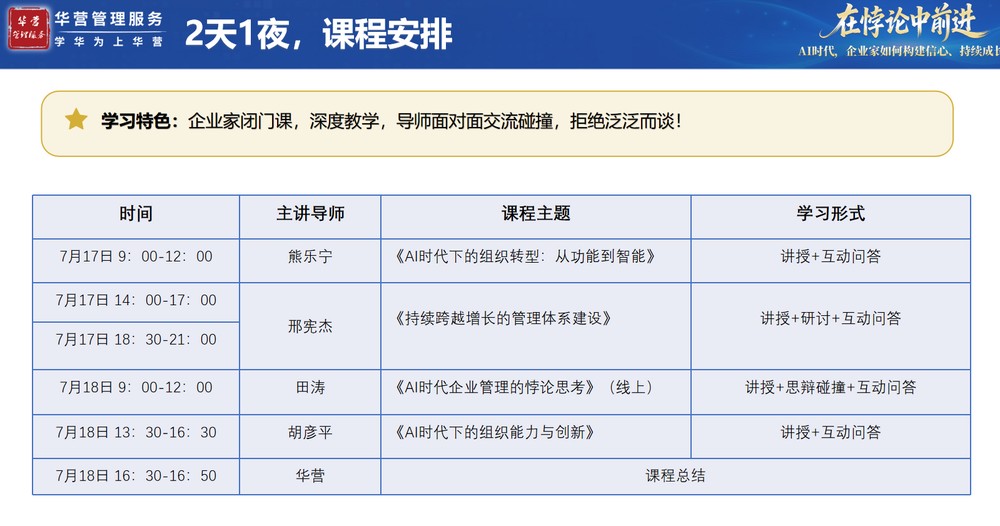 熊乐宁,邢宪杰,田涛,胡彦平华营管理服务在悖论中前进AI时代企业家课程7月17-18日安排